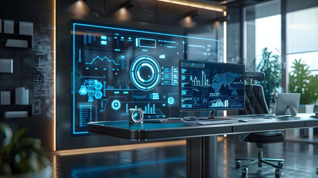 A modern office featuring a hightech data analytics setup with multiple screens displaying charts and digital interfaces emphasizing technology and innovation
