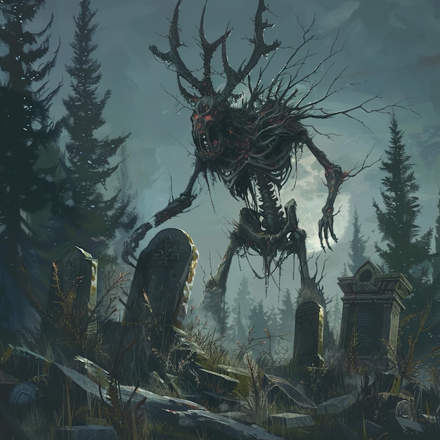 a painting of a monster with a forest in the background