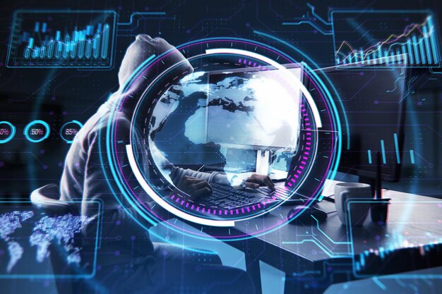 A person at a desk using a computer with futuristic digital HUD elements overlaying the image set against a dark background concept of hacking or global data
