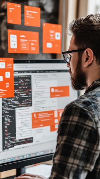 A person coding on a computer with vibrant interface elements displayed