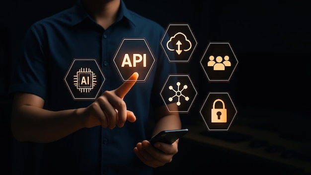 A person in a blue shirt engages with floating api icons in a modern workspace highlighting application programming interface and api programming