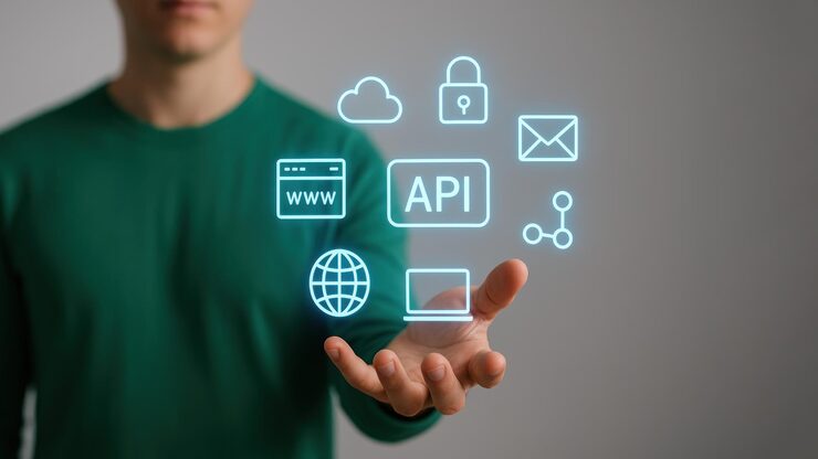 Photo a person in a green shirt interacts with floating api icons in a minimalist setting emphasizing application programming interface and api programming innovation