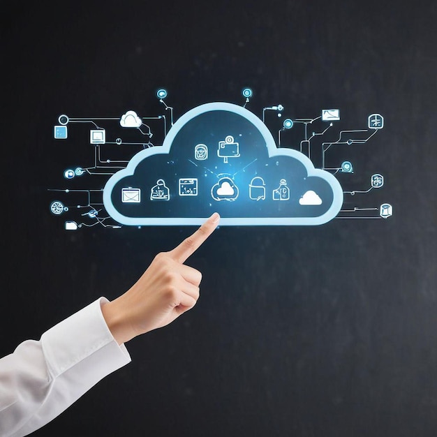 a person pointing at a cloud with the word cloud on it