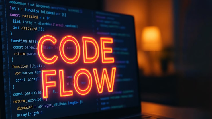 Photo a person types on a laptop with a floating digital shield and binary code in the background representing vibe coding low code coding programs