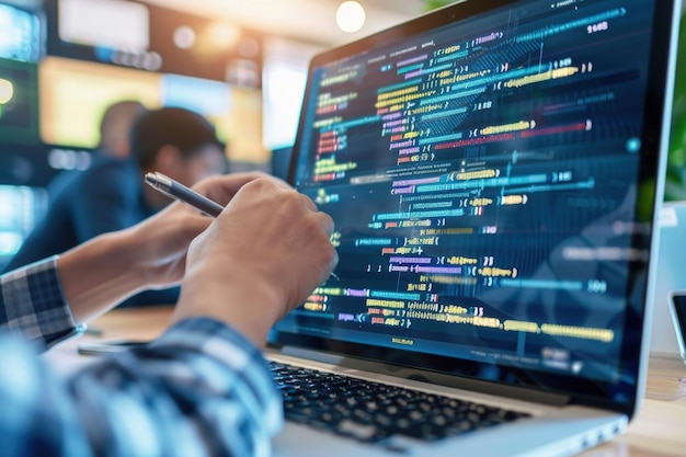 a person using a laptop computer with code on the screen