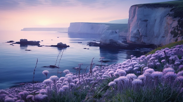 a photo of a lavender ocean distant cliffs in the background
