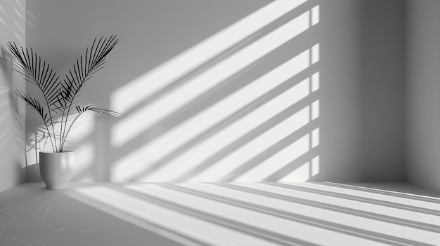 a plant is in front of a window with the sun shining through the blinds