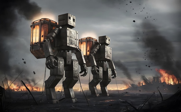 A post apocalyptic scene with two robot