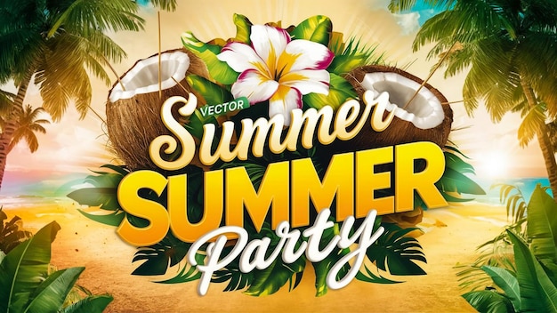 a poster for a summer party with palm trees and flowers