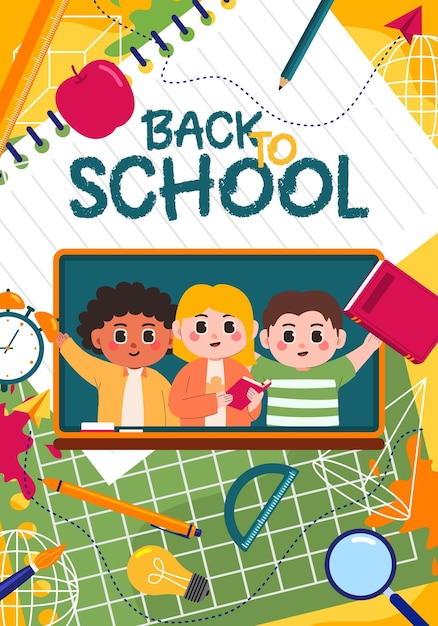 a poster for back to school with kids and a chalkboard