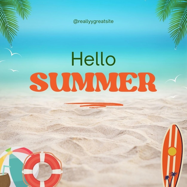 a poster for the summer beach with a palm tree on the top