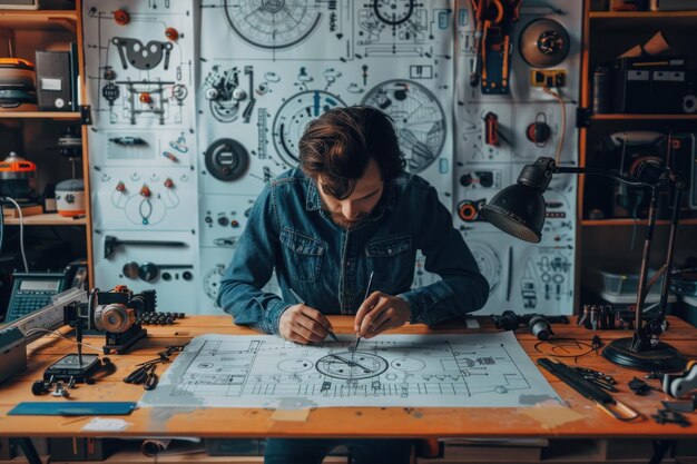 a product designer testing the functionality of a new prototype using various measurement tools and instruments the designer expression is focused and determined showcasing the critical phase of