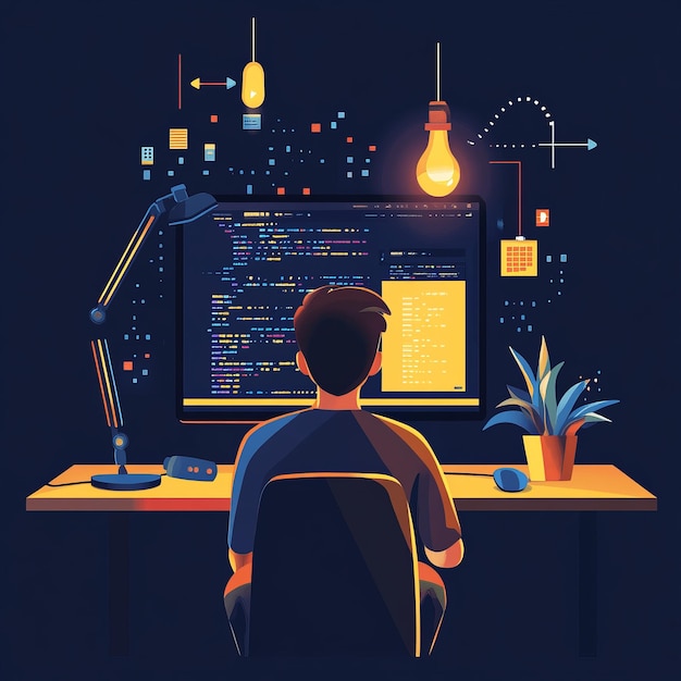 a programmer sits in front of a computer working on code