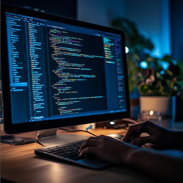 A programmer writing code for a website with a live preview of the site displayed on a browser wind
