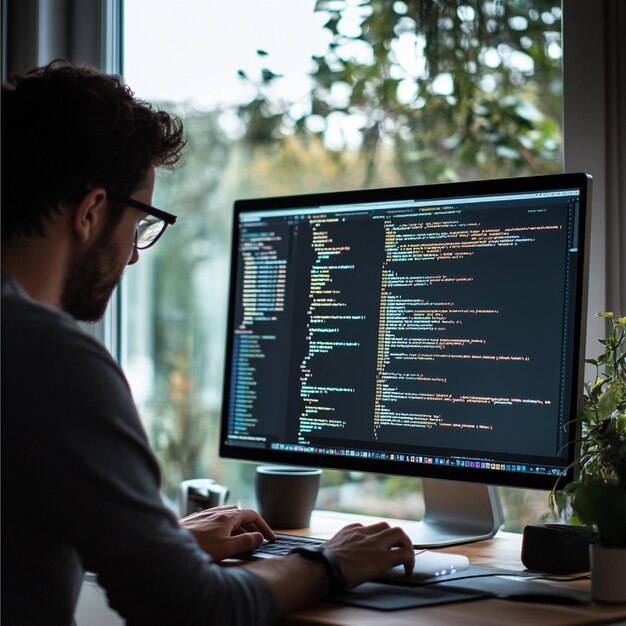 A programmer writing code for a website with a live preview of the site displayed on a browser wind