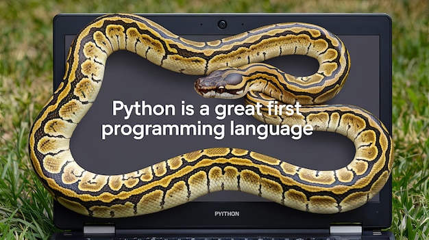 A python snake wrapped around a laptop with the text Python is a great first programming language