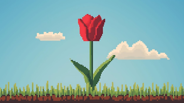 a red flower in the grass with clouds in the background