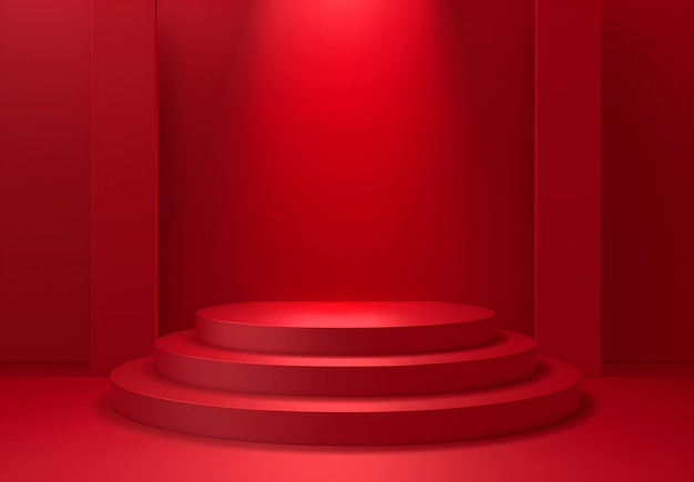a red stage with a red background with a set of steps