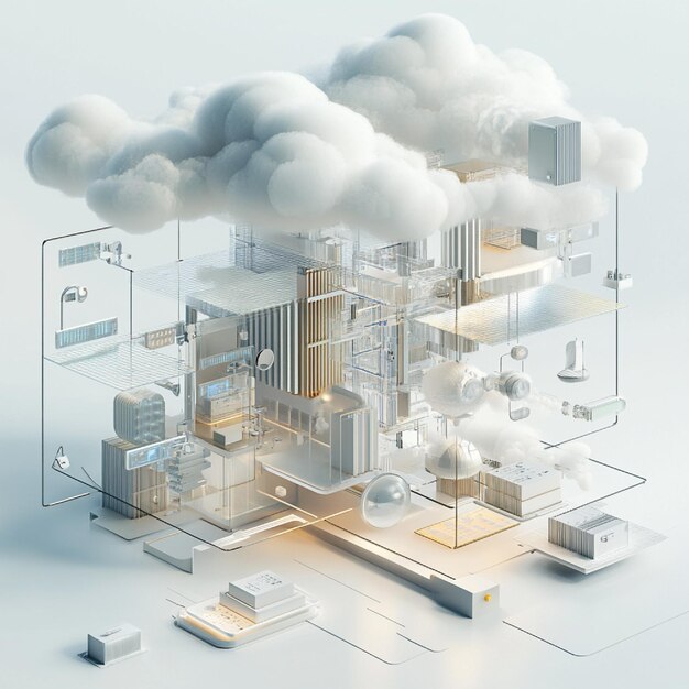 A rendering of a cloud computing architecture with various services and data storage solutions