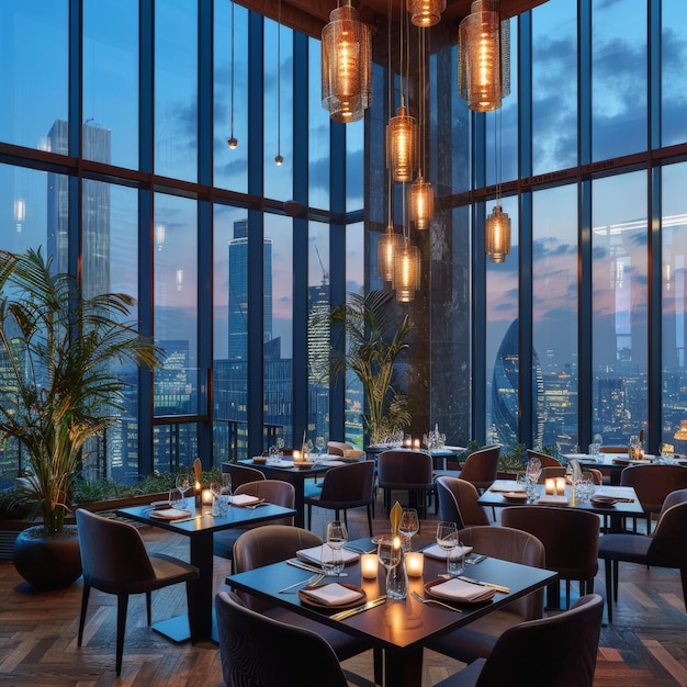 A restaurant dining area with large windows offering a view of the city skyline Job ID 10b1f05c1e22460687214eb1cc2603dc