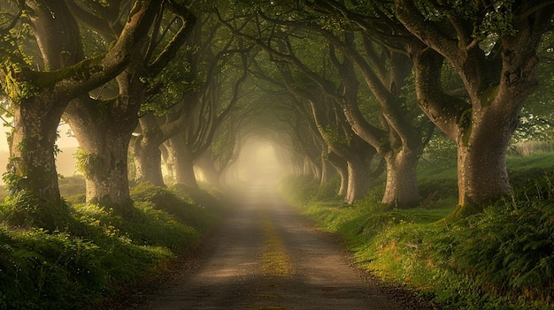 a road with a forest with a sun shining through it