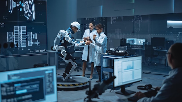 A robot is being trained in a lab with a man in a white lab coat.