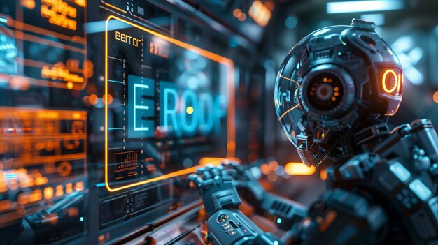 a robot is looking at a computer screen with the word error on it the robot appears to be trying to fix the error