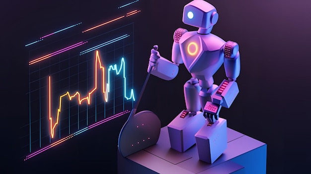 a robot stands in front of a stock chart with a blue and pink background.