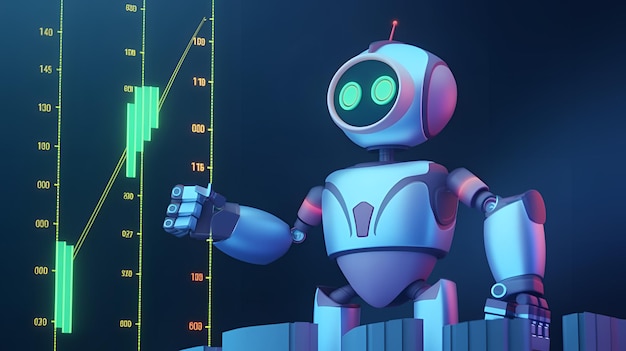 a robot with a graph in the background