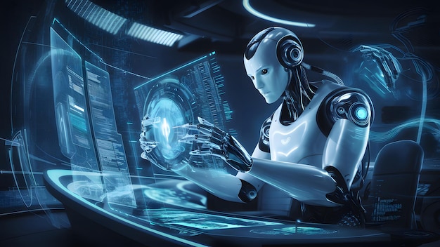 a robot with a laptop and a blue light on the screen
