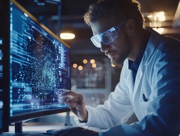 a scientist using artificial intelligence ai to accelerate drug discovery with machine learning algorithms analyzing molecular data