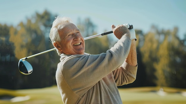 a senior engaged in a fun game of golf promoting physical activity perfect for wellness editorial ad