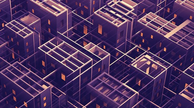 a series of animated buildings with a purple roof
