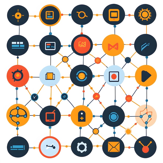 A set of connections icons featuring network nodes linked circles and communication symbols Includes visuals of connected devices data exchanges and interconnected systems for tech and