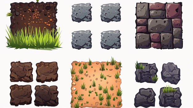 a set of stones and grass with a brick wall and grass