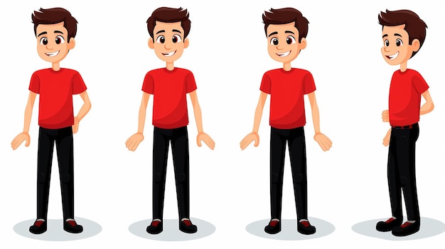 a set of three different poses of a boy with a red shirt on a white background