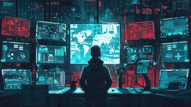 a skilled hacker analyzes data and control systems in a dark environment filled with glowing monitors displaying various information and graphics generative ai