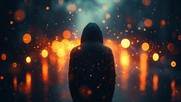 a solitary figure stands in the rain against a backdrop of glowing city lights at night creating a reflective and moody atmosphere
