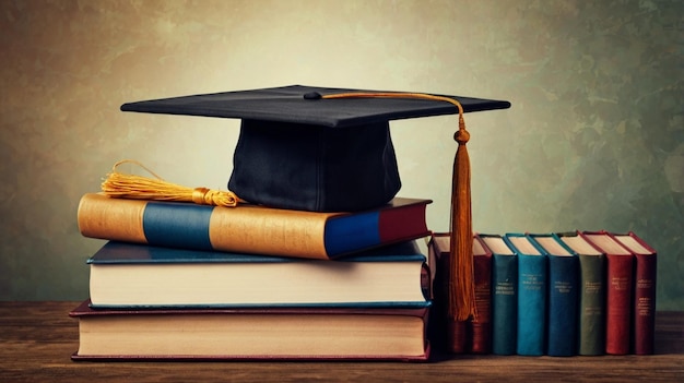 a stack of books with a graduation cap on top of it