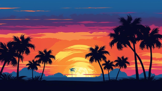 A sunset with palm trees on the beach