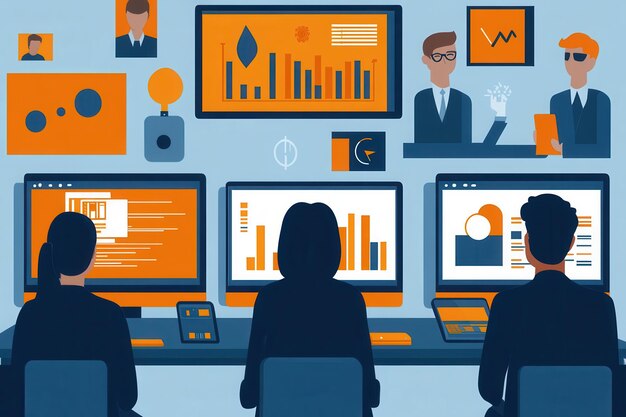 A team engages in data analysis at a collaborative workspace focusing on various digital displays showcasing charts and graphs Generative AI