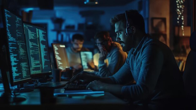 A team of programmers collaborating on coding projects late at night in a modern workspace illuminated by colorful screens