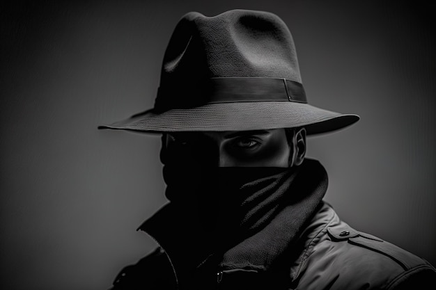 a thief who was hiding his face with a black hat was apprehended on a gray