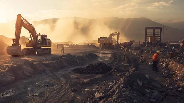 a truck is parked in a dirt lot with a man working on it