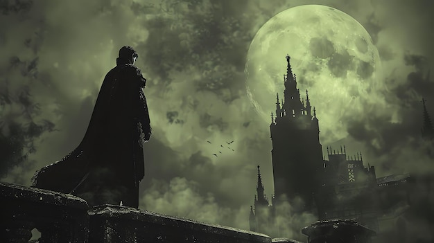 a vampire with a dark cape standing in front of a gothic castle