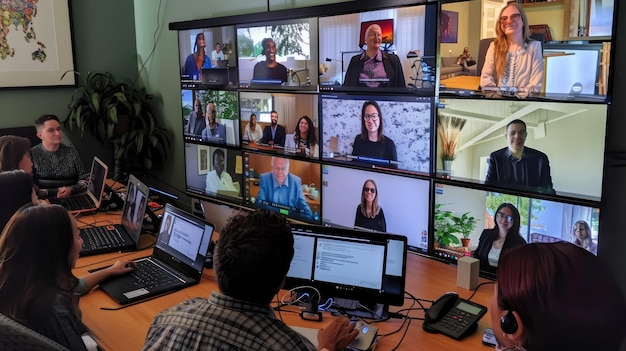 a video conference call with participants from different locations on individual screens all focused on the discussion