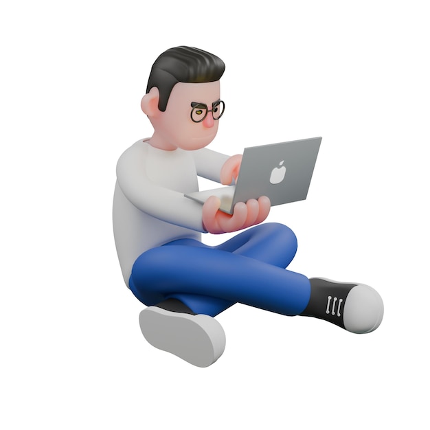 a video editor sit crosslegged on the floor with both hand hold a laptop with a focused expression