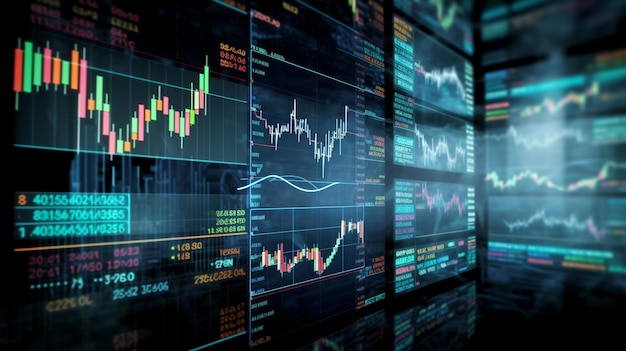 A wall of stock market charts with a line graph in the middle.