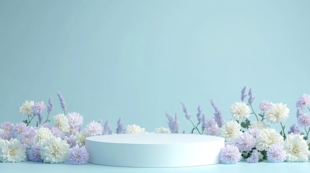 A white platform sits in front of a blue background surrounded by purple and white flowers