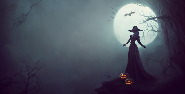 a witch against the full moon halloween background